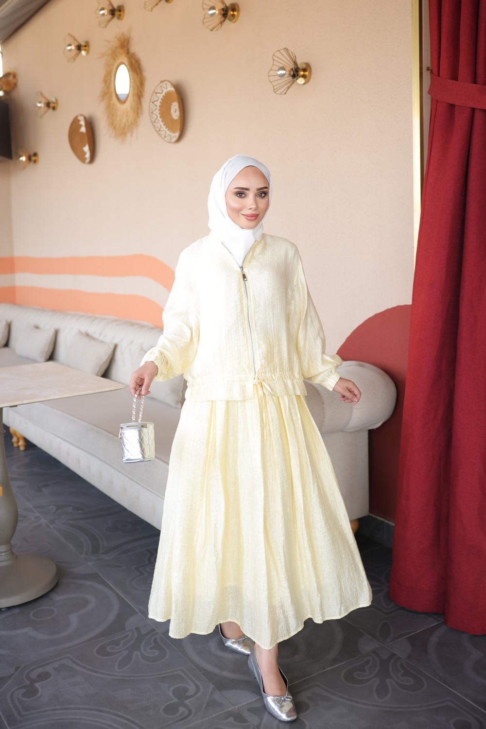 İmaj Butik Sarı Büzgü Bel Detaylı Fermuarlı Gömlek Etekli Takım görsel 8