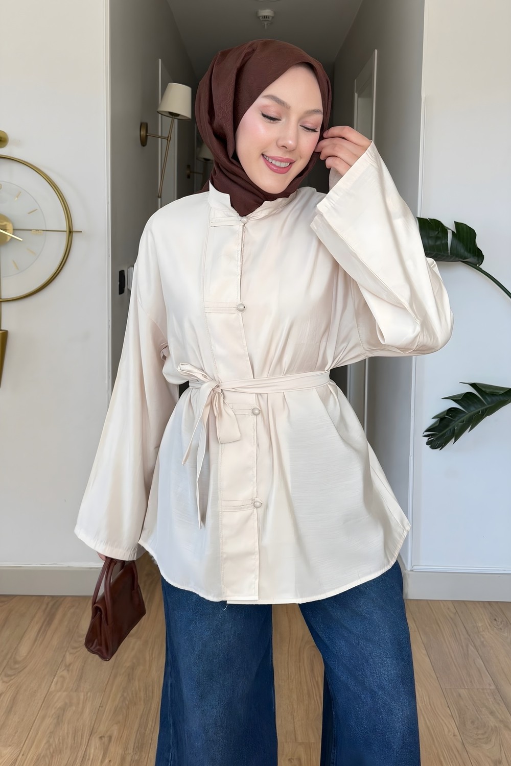 İmaj Butik Yağ Yeşili Düğmeli Kuşaklı Tunik