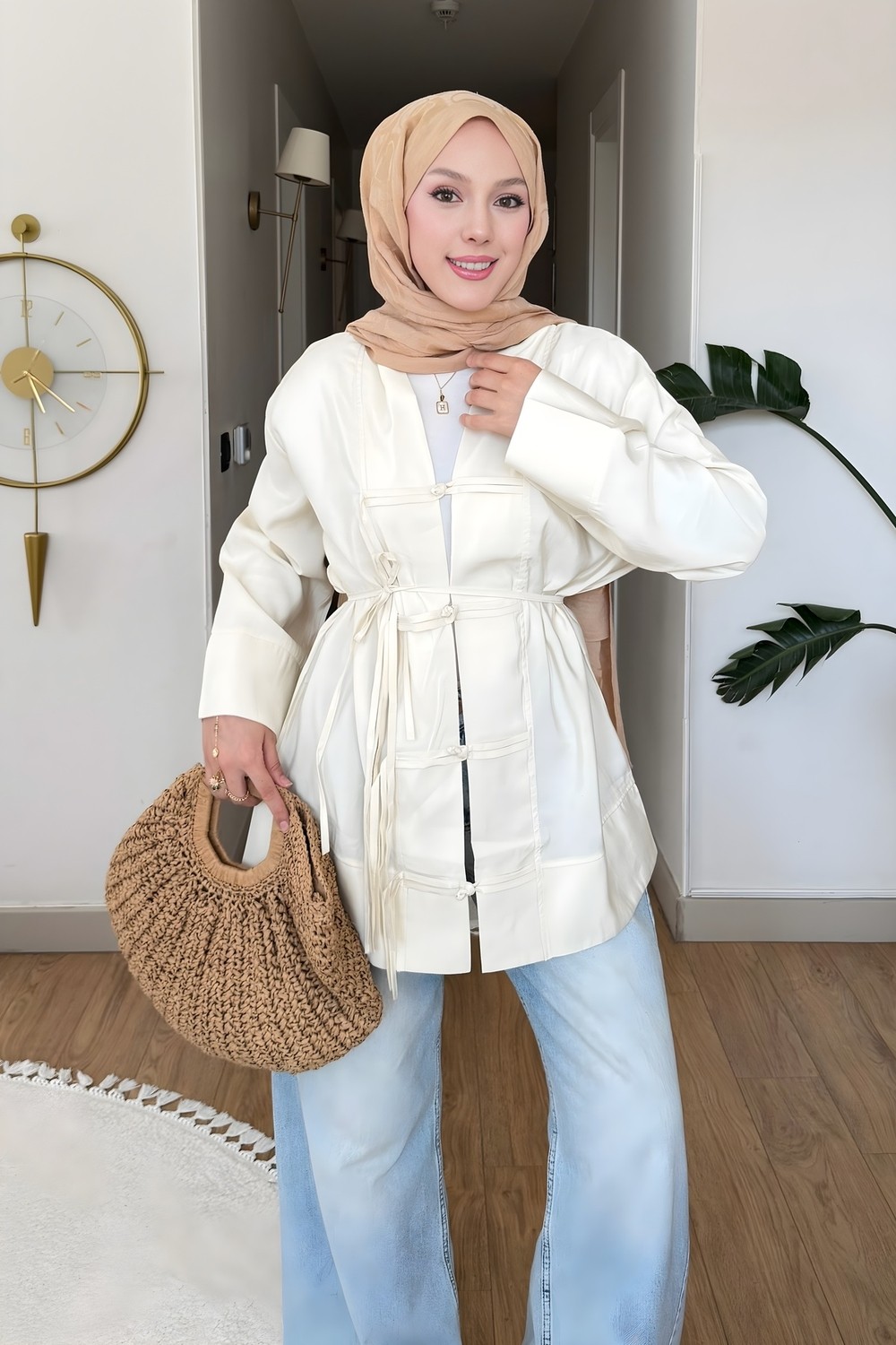 İmaj Butik Krem Bağcıklı Geniş Kol Kimono