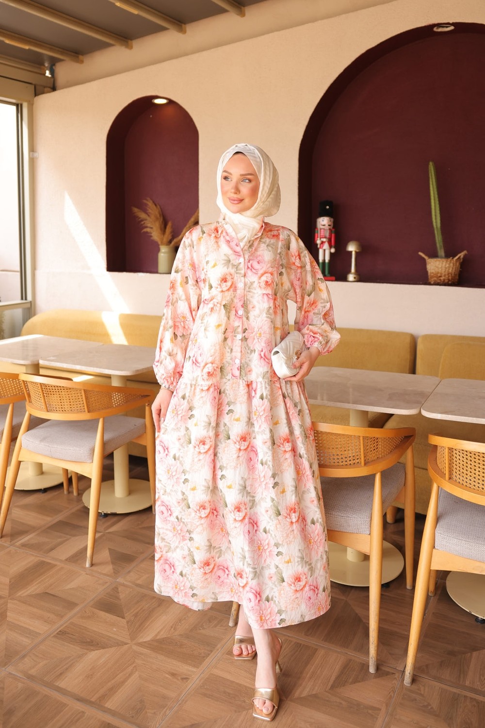 İmaj Butik Pembe Yarım Düğmeli Kol Lastikli Desenli Elbise