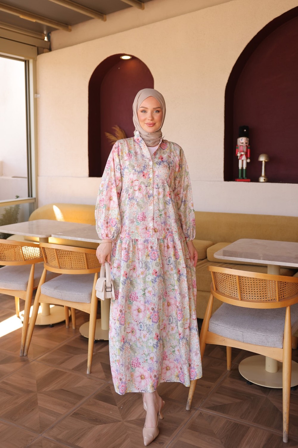 İmaj Butik Mavi Yarım Düğmeli Kol Lastikli Desenli Elbise