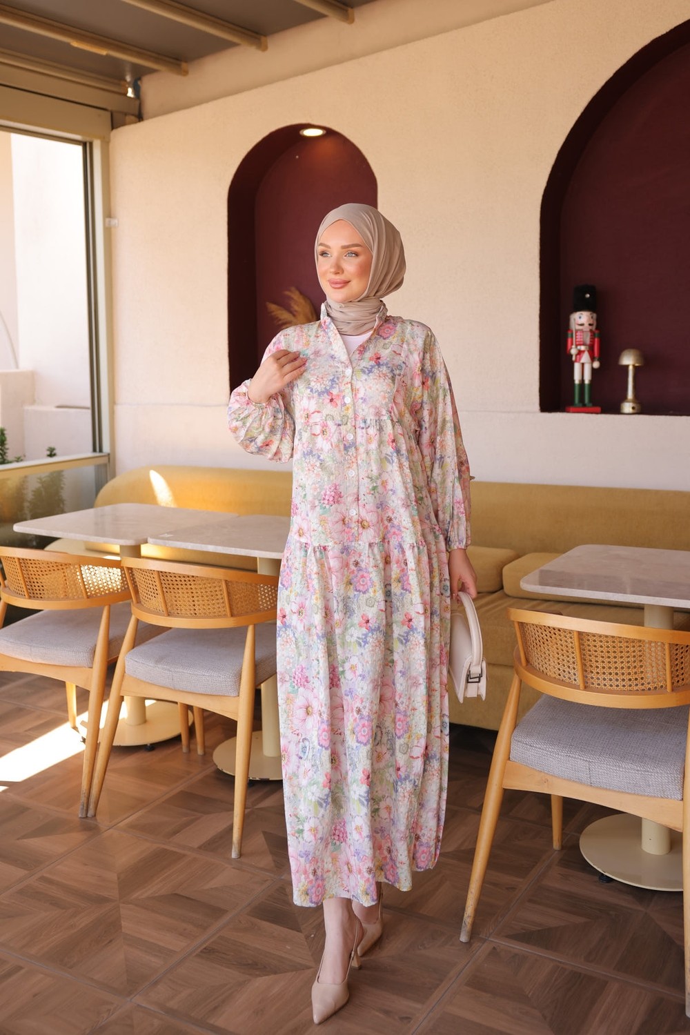 İmaj Butik Mavi Yarım Düğmeli Kol Lastikli Desenli Elbise görsel 2