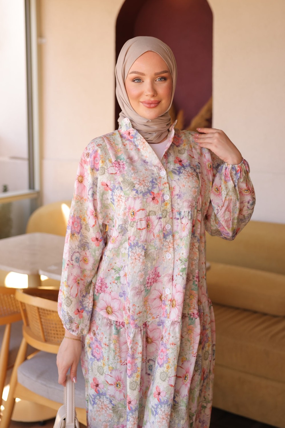 İmaj Butik Mavi Yarım Düğmeli Kol Lastikli Desenli Elbise görsel 4