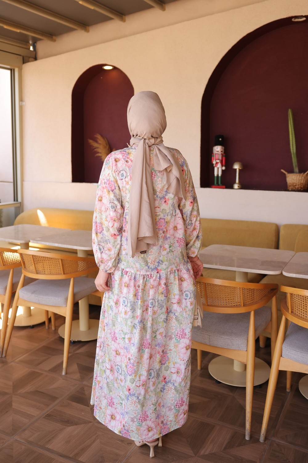 İmaj Butik Mavi Yarım Düğmeli Kol Lastikli Desenli Elbise görsel 5