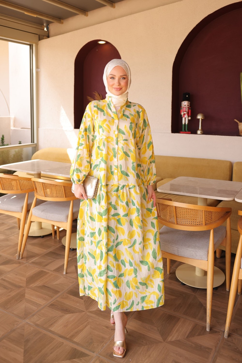 İmaj Butik Mürdüm Yarım Düğmeli Kol Lastikli Desenli Elbise