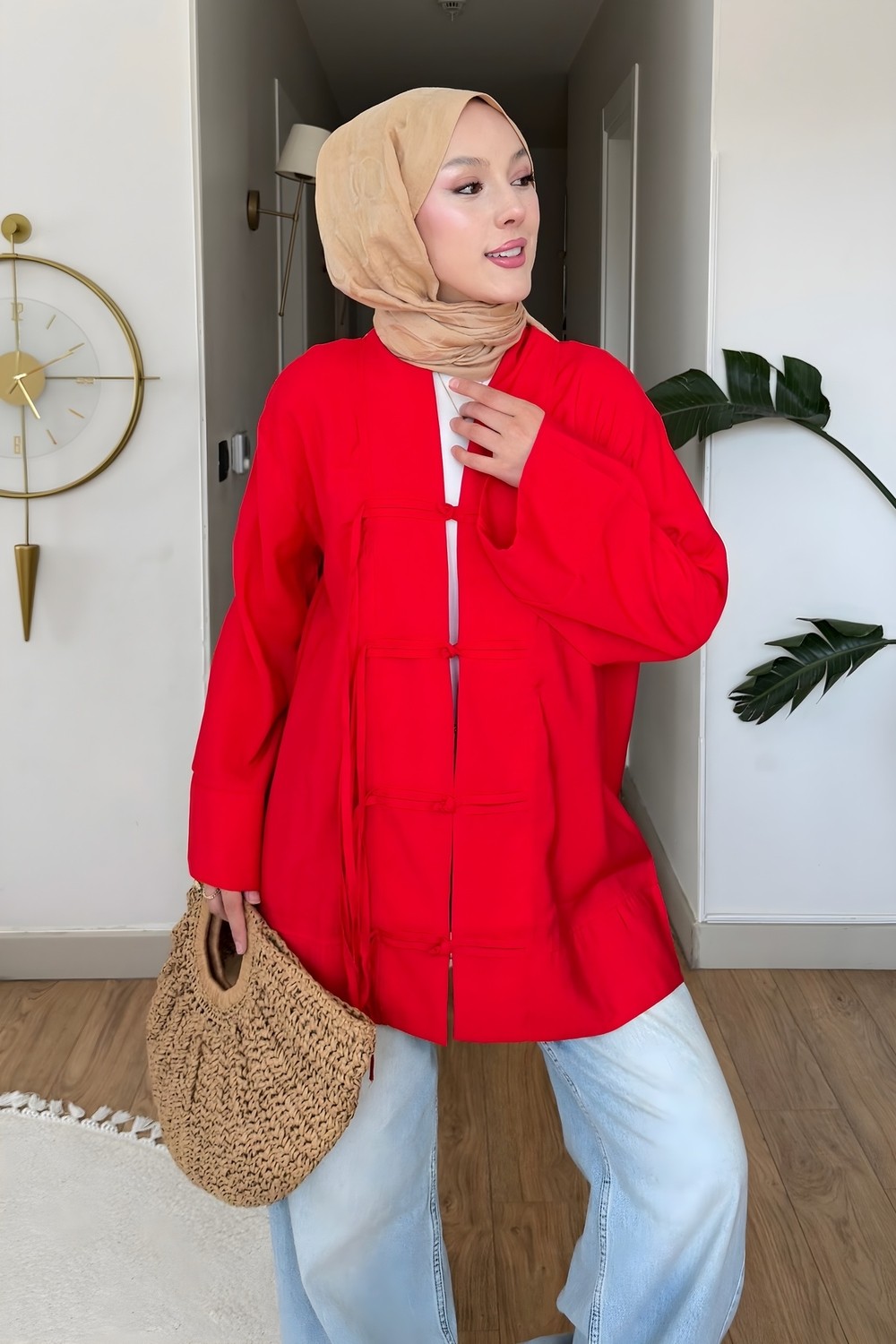 İmaj Butik Krem Bağcıklı Geniş Kol Kimono görsel 3