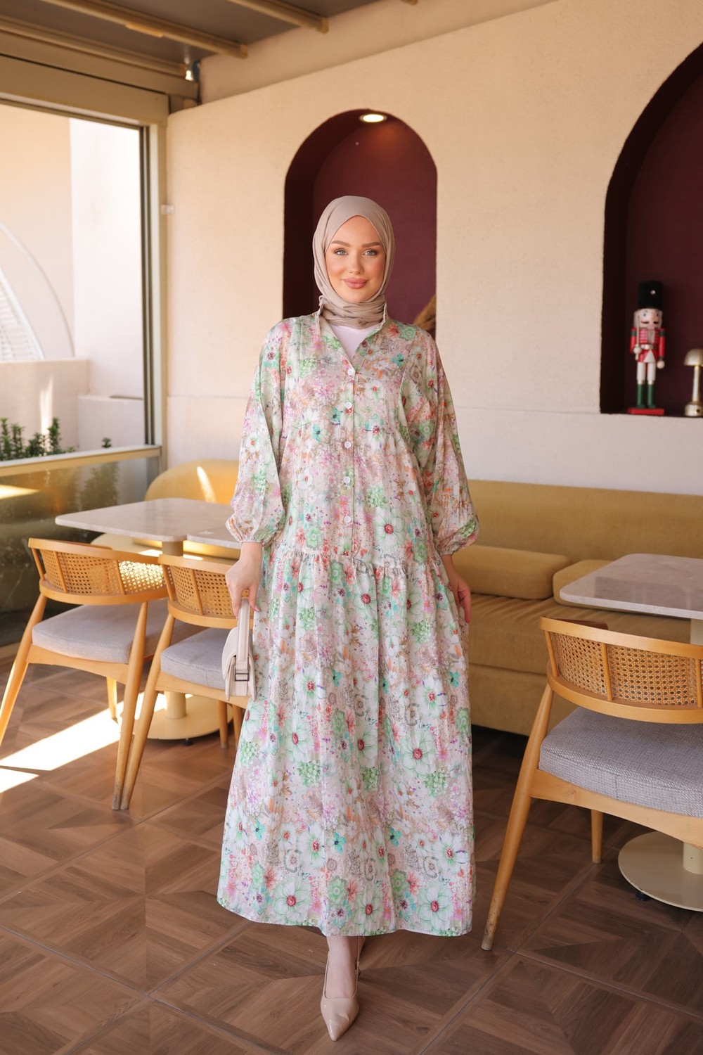 İmaj Butik Mavi Yarım Düğmeli Kol Lastikli Desenli Elbise görsel 6