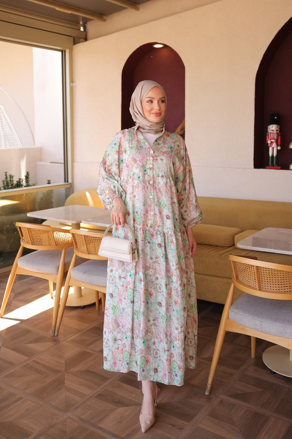 İmaj Butik Mavi Yarım Düğmeli Kol Lastikli Desenli Elbise görsel 7