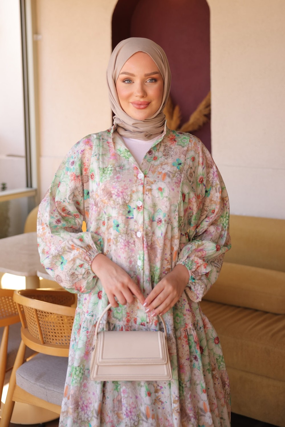 İmaj Butik Mavi Yarım Düğmeli Kol Lastikli Desenli Elbise görsel 8