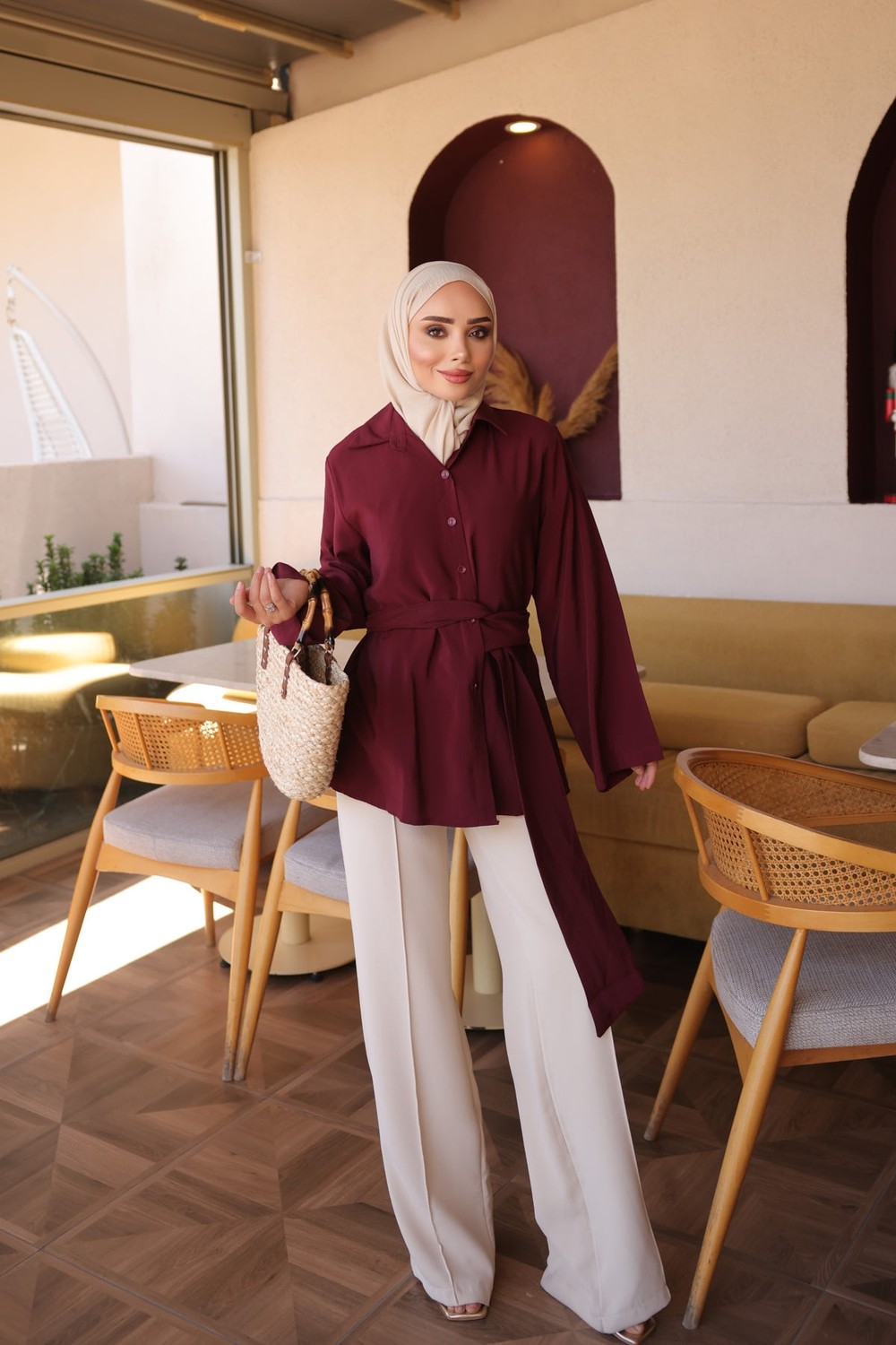 İmaj Butik Pembe Kendinden Kemerli Modal Gömlek görsel 7