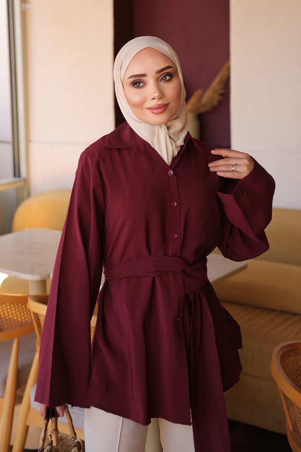 İmaj Butik Pembe Kendinden Kemerli Modal Gömlek görsel 8