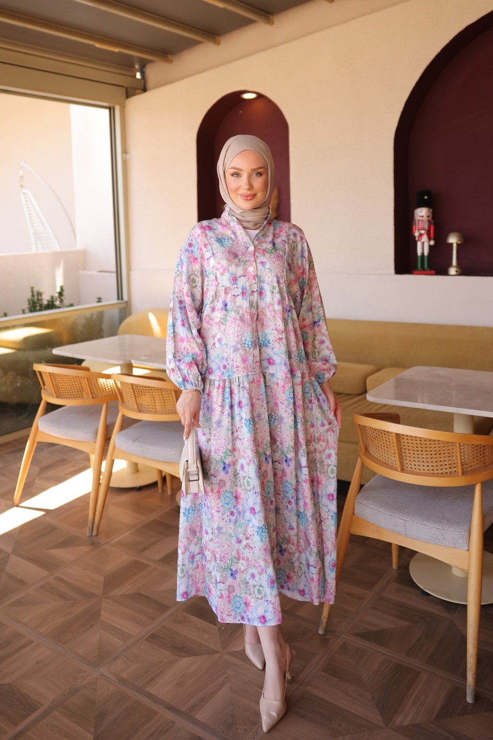 İmaj Butik Mavi Yarım Düğmeli Kol Lastikli Desenli Elbise