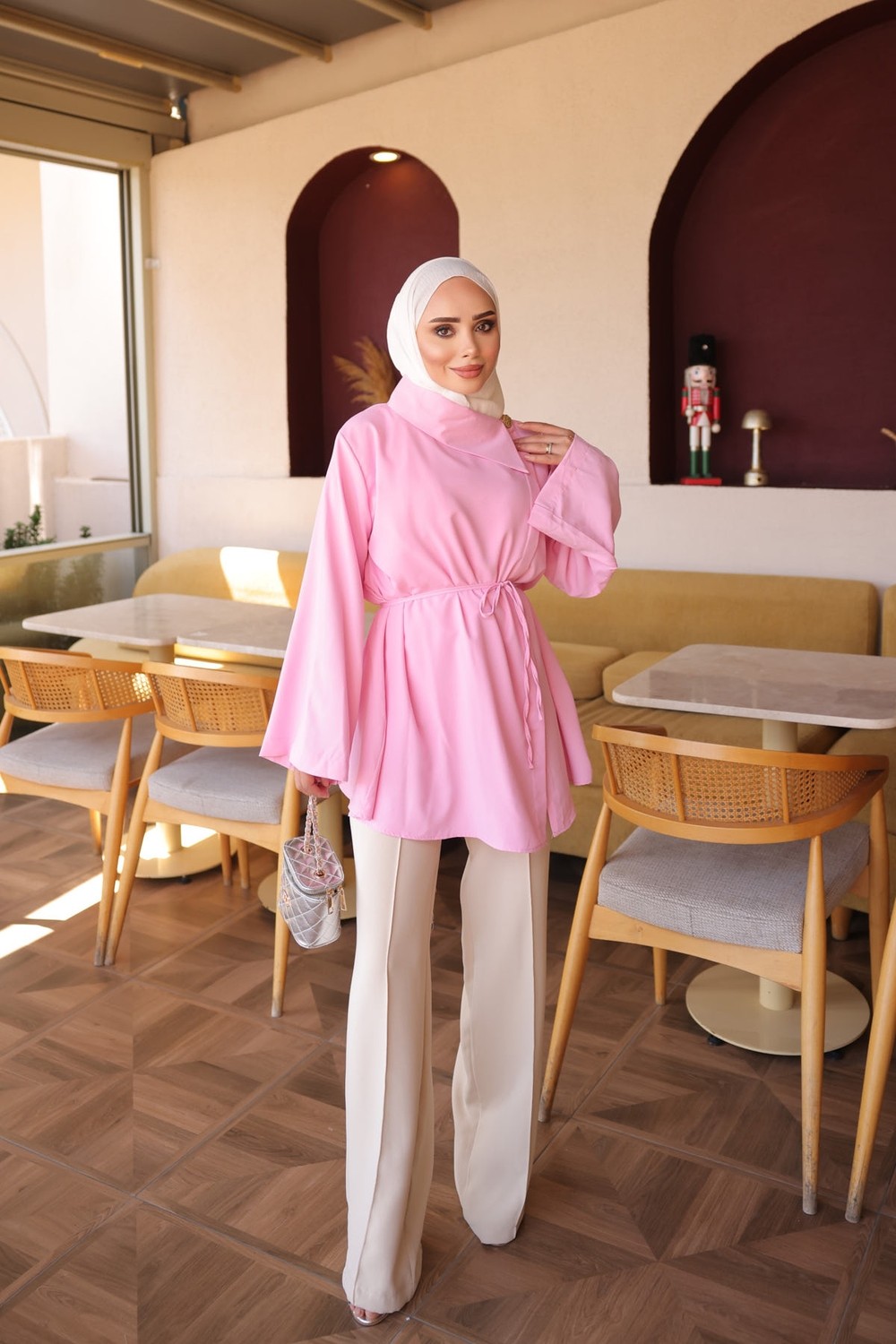 İmaj Butik Pembe Yan Yaka Bel Ip Bağlamalı Poplin Gömlek görsel 8