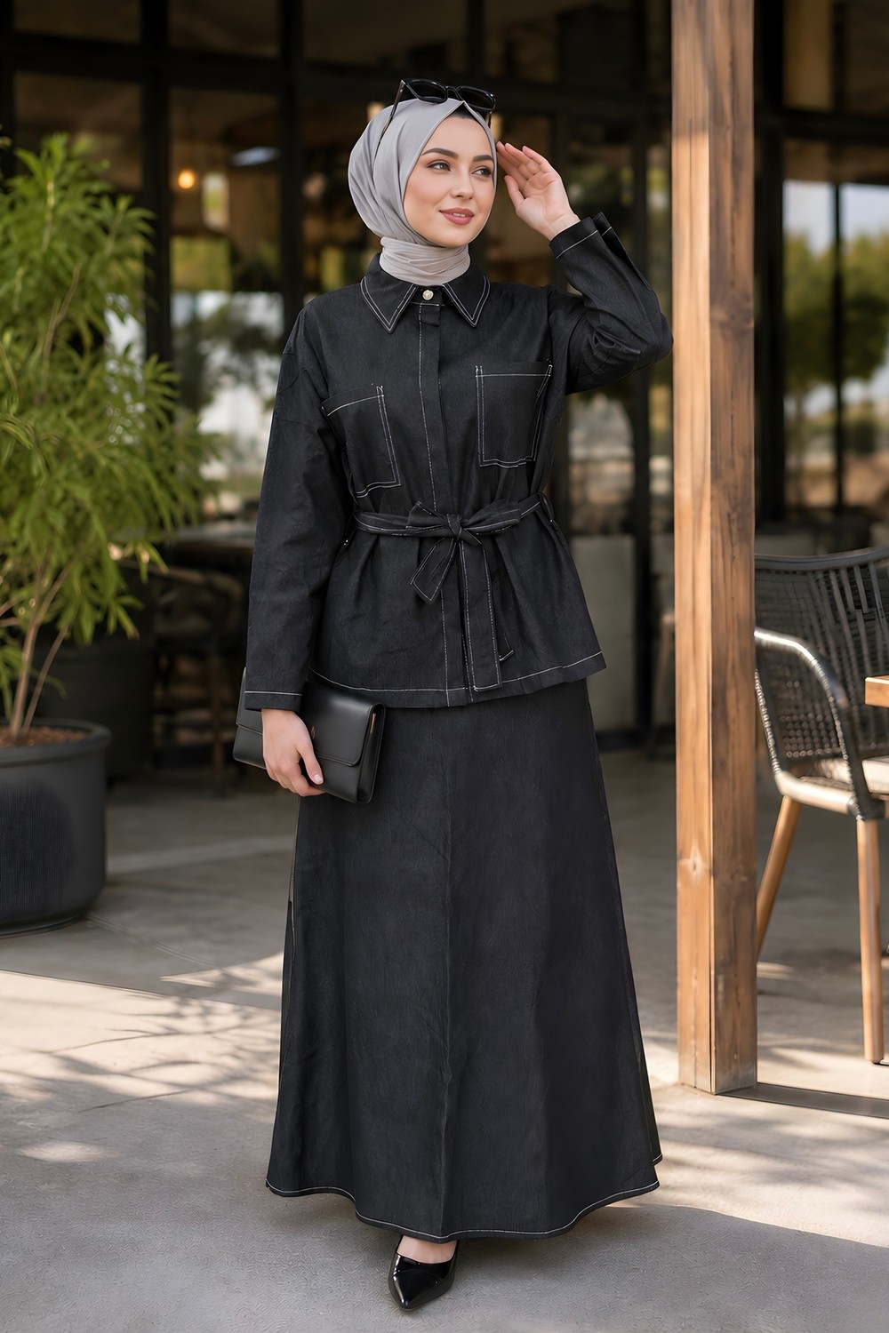 İmaj Butik Siyah Bel Bağlamalı Ceket Etekli Kot Takım