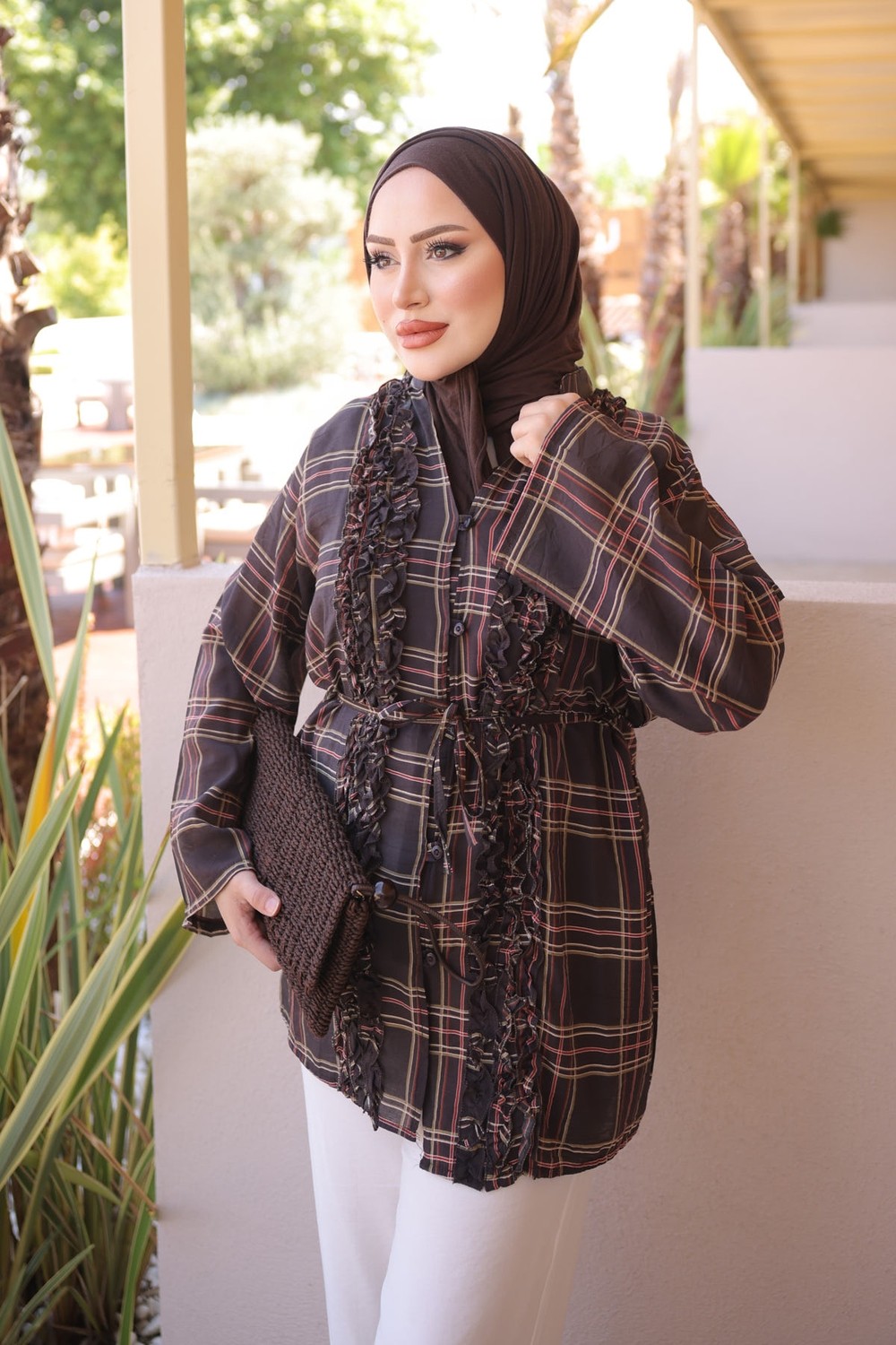 İmaj Butik Kahverengi Bel Bağlamalı Fırfırlı Ekose Gömlek