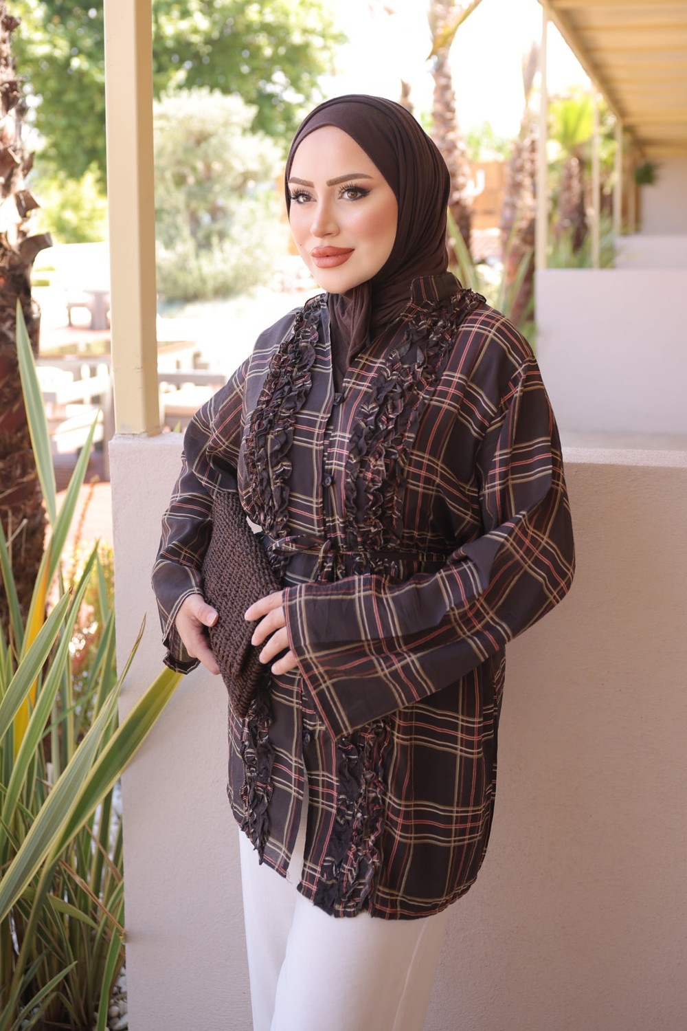 İmaj Butik Kahverengi Bel Bağlamalı Fırfırlı Ekose Gömlek görsel 4
