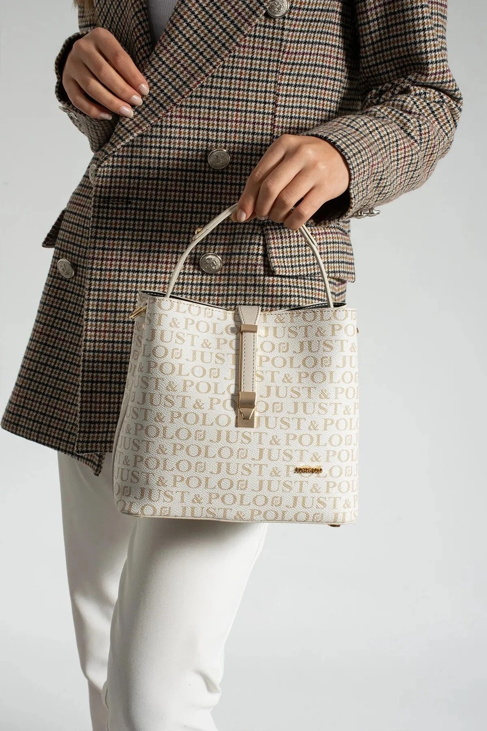 Just Polo Kadın Ters Kilit Çıtçıt Kapama Arkası Cepli El Çantası 21X23CM görsel 7