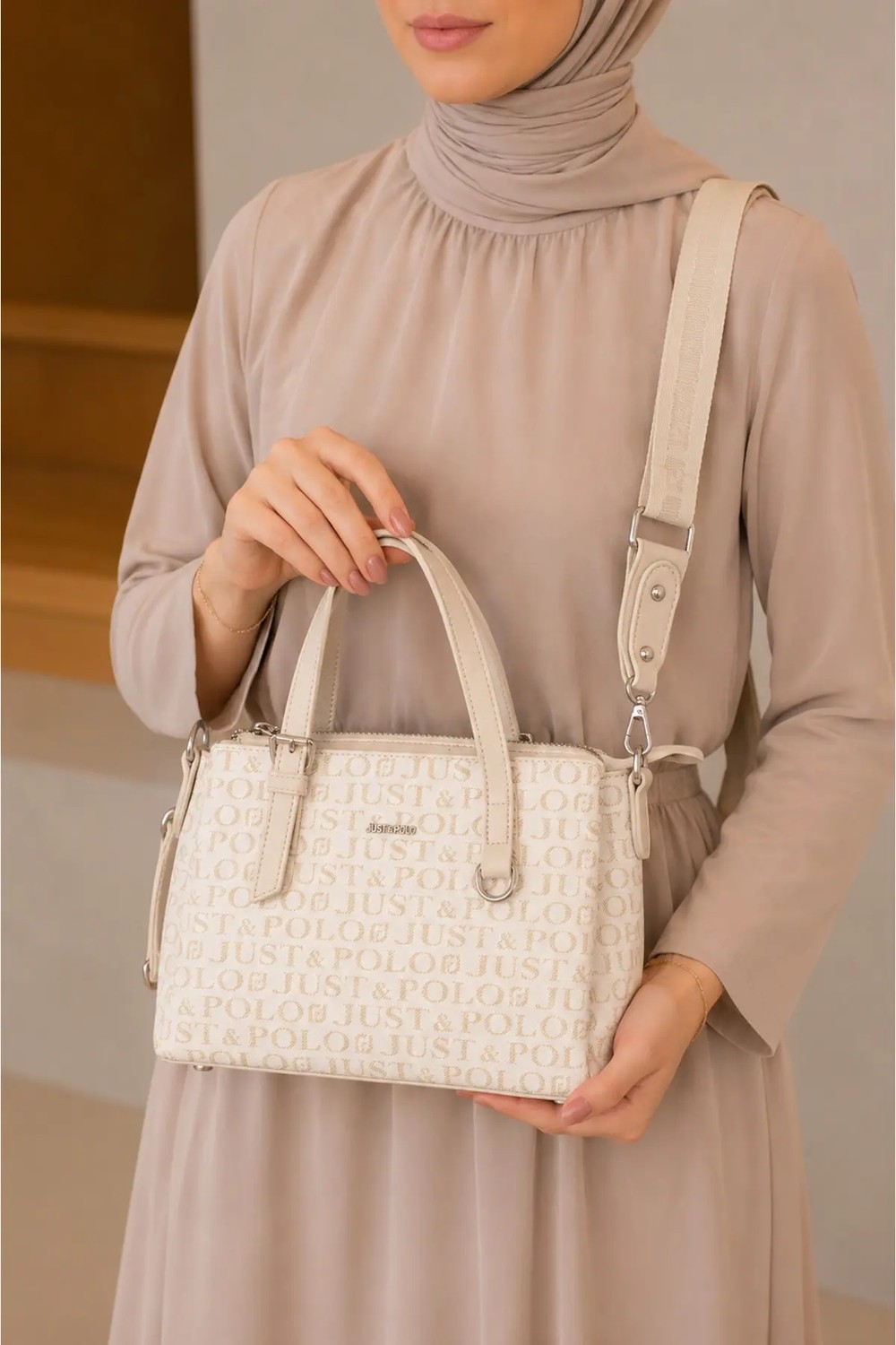 Just Polo Kadın Orta Boy Premium Deri Ayarlanabilir Askılı 3 Bölmeli Şık El & Omuz Çantası Shoulder Bag