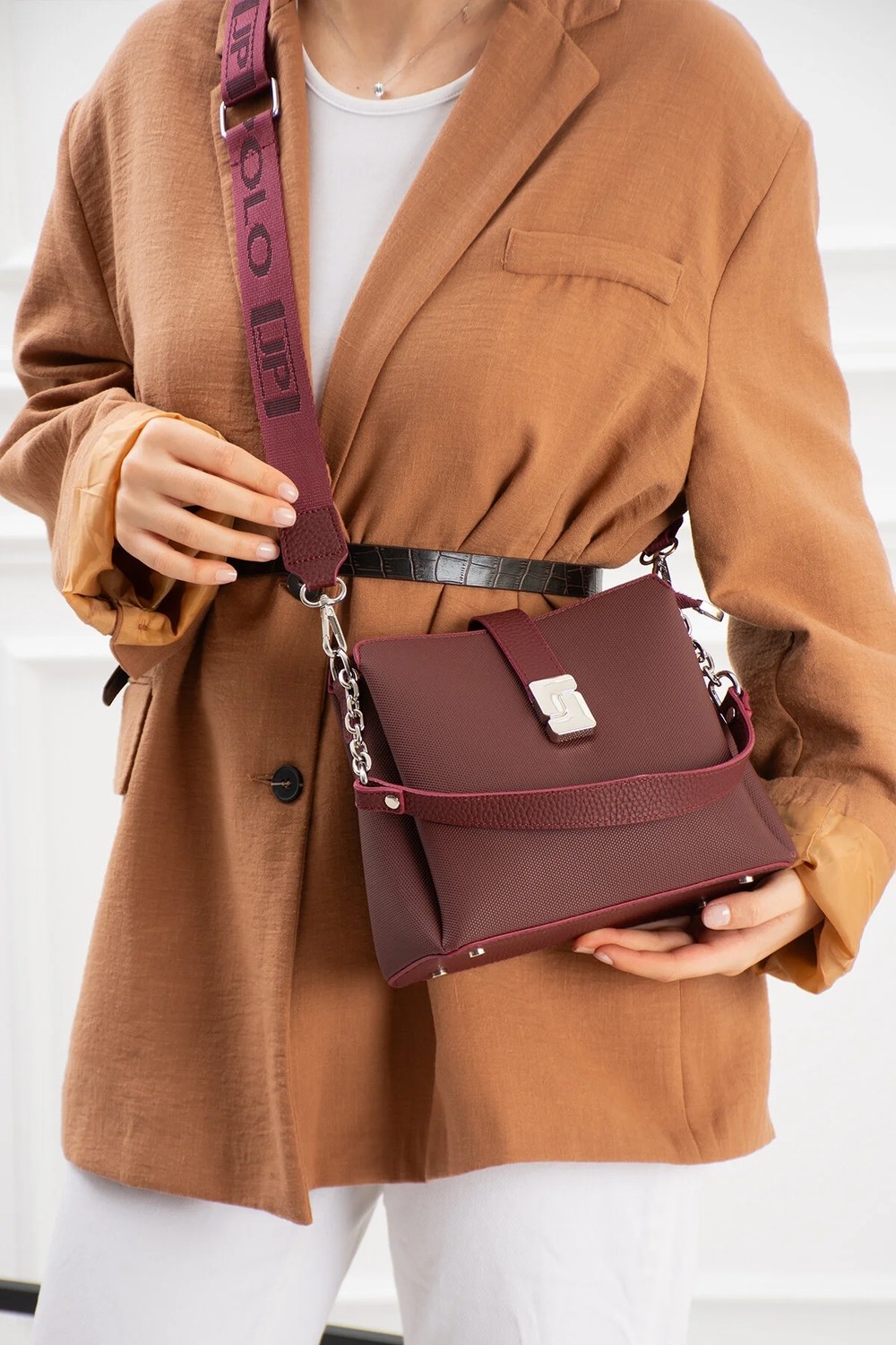 Just Polo Kadın Polo Kumaş Jp Gümüş Logolu Şık El ve Omuz Çantası Shoulder Bag Ebat: 23 x 18 cm