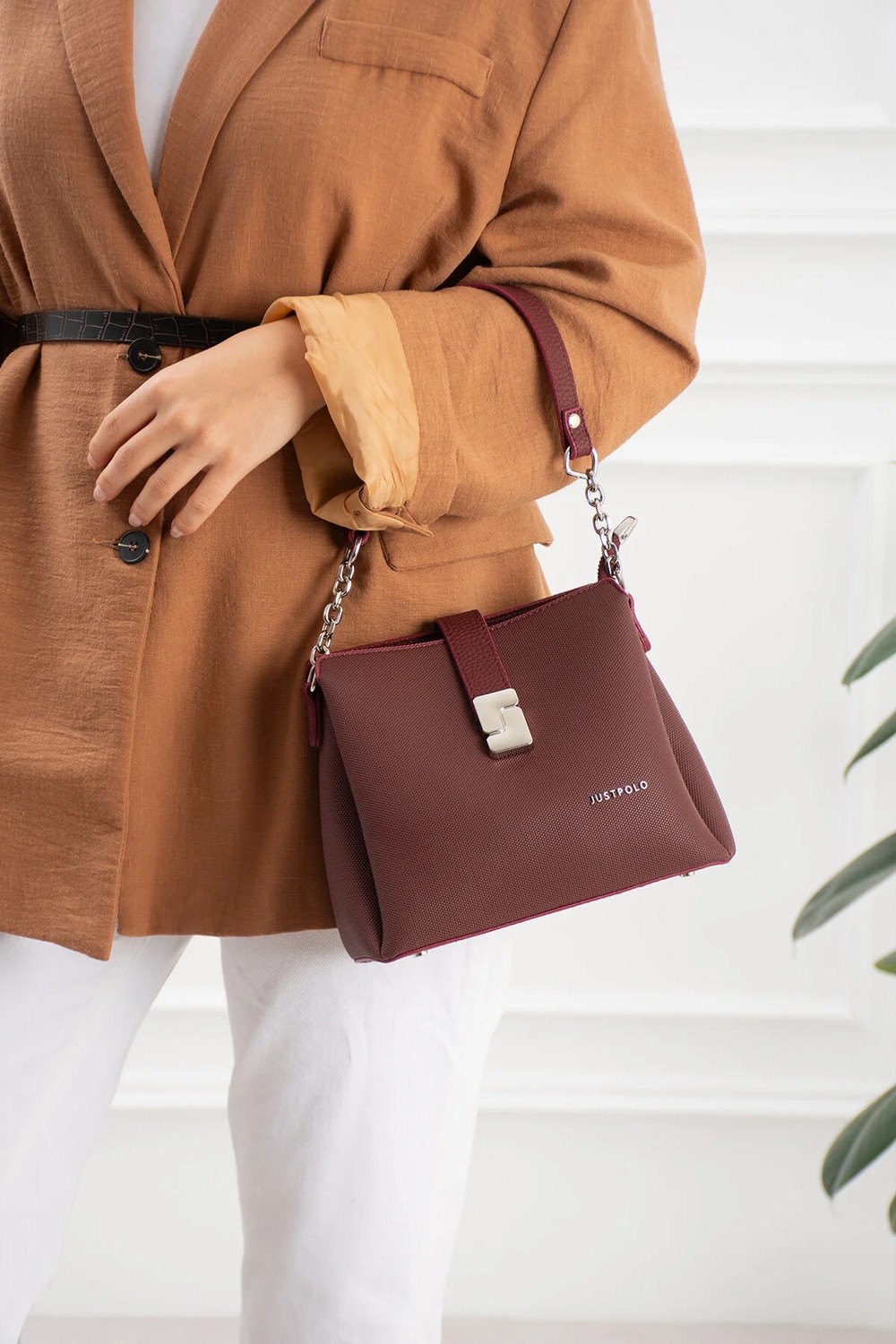 Just Polo Kadın Polo Kumaş Jp Gümüş Logolu Şık El ve Omuz Çantası Shoulder Bag Ebat: 23 x 18 cm görsel 4