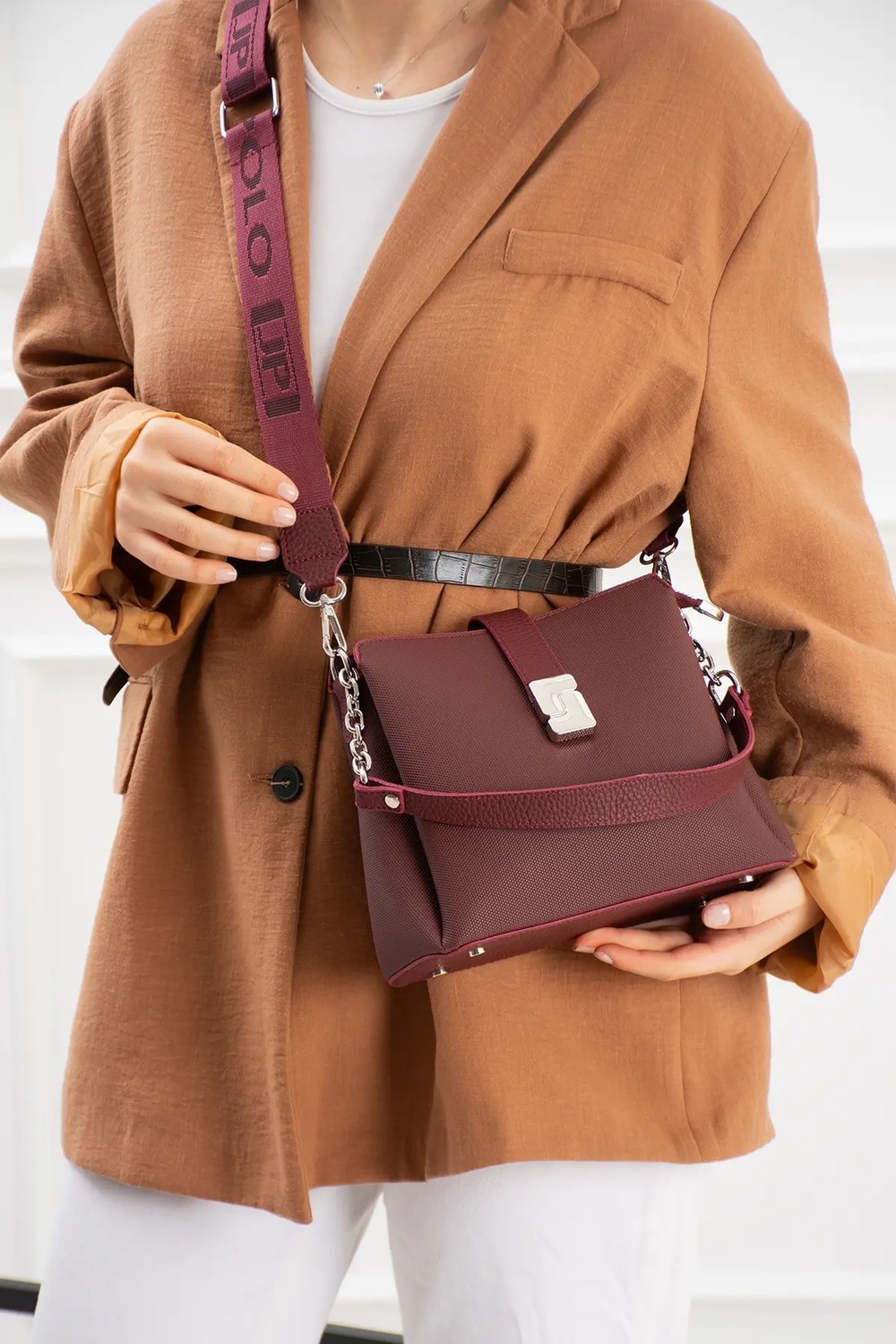 Just Polo Kadın Polo Kumaş Jp Gümüş Logolu Şık El ve Omuz Çantası Shoulder Bag Ebat: 23 x 18 cm görsel 8