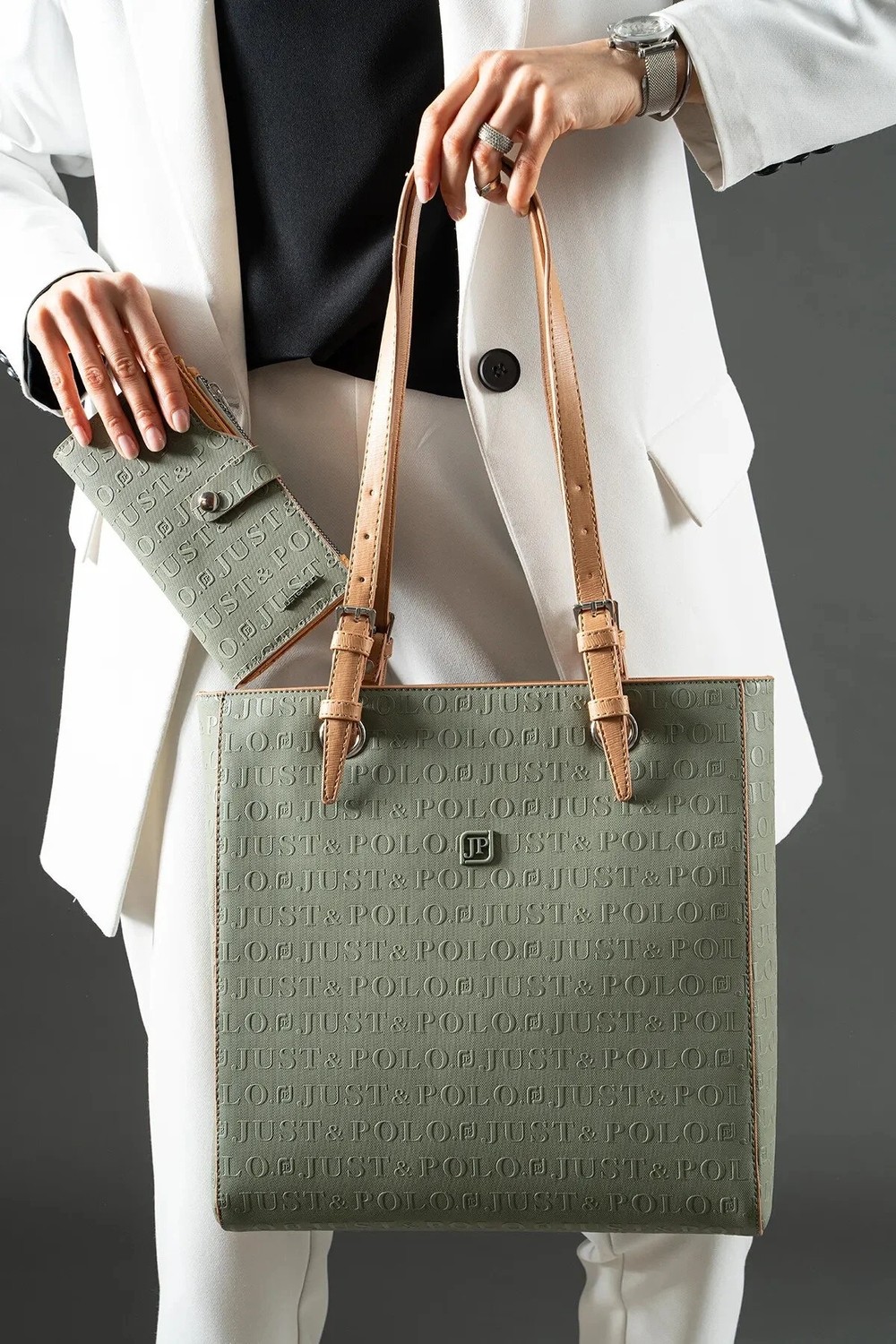 Just Polo Günlük Kombinlere Uygun Kadın Yeşil Camel Büyük Boy El Çantası ve Cüzdanı Kombin 31 x 32 cm