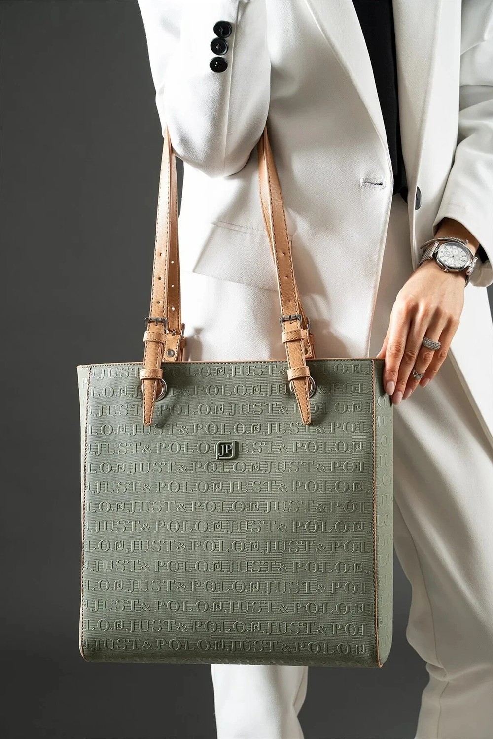 Just Polo Günlük Kombinlere Uygun Kadın Yeşil Camel Büyük Boy El Çantası ve Cüzdanı Kombin 31 x 32 cm görsel 2