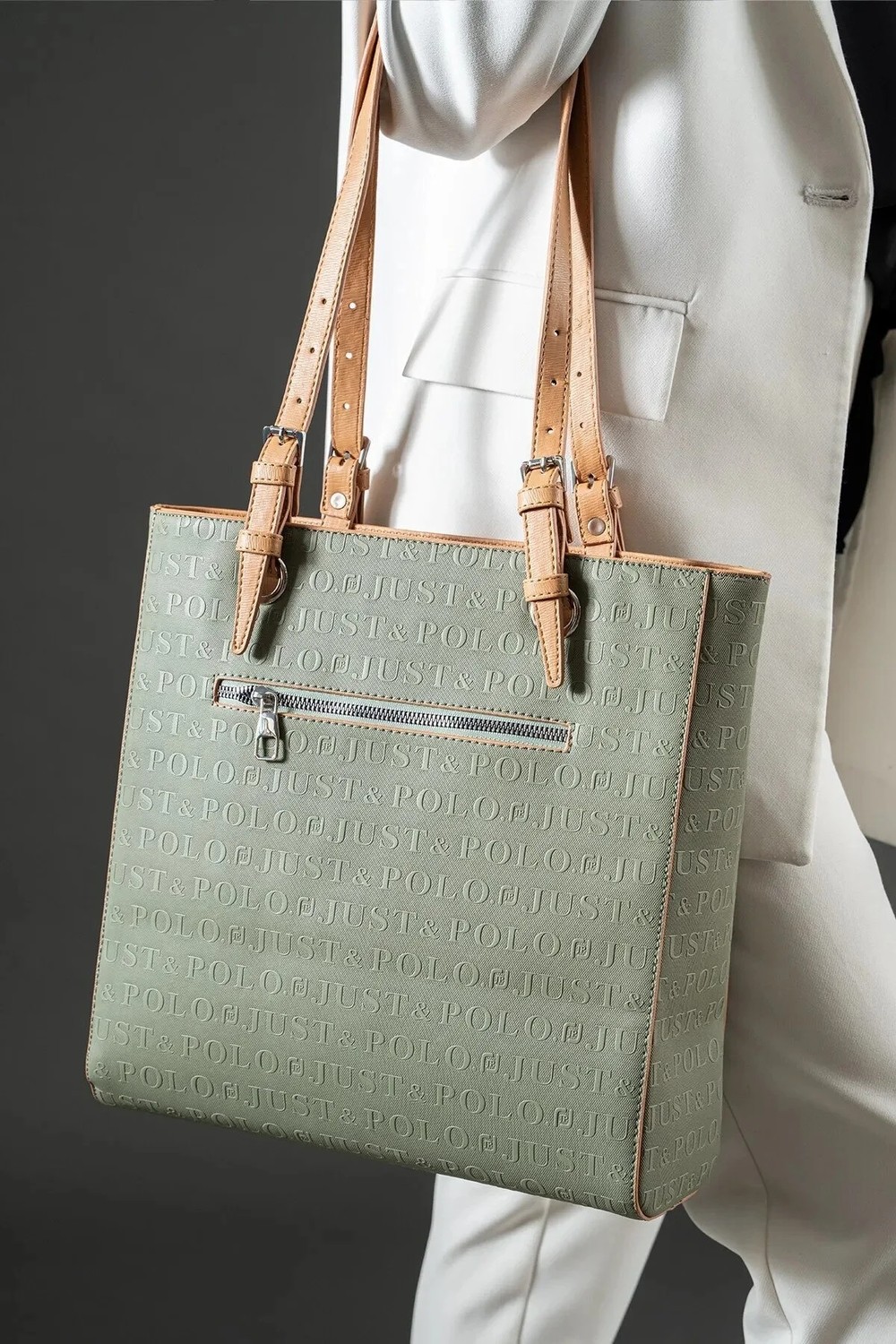 Just Polo Günlük Kombinlere Uygun Kadın Yeşil Camel Büyük Boy El Çantası ve Cüzdanı Kombin 31 x 32 cm görsel 3