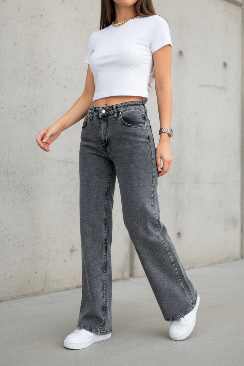Woddi Vera Kadın Yüksek Bel Kar Yıkama Salaş Jeans Wide Leg Geniş Paça Palazzo Kot Pantolon görsel 2
