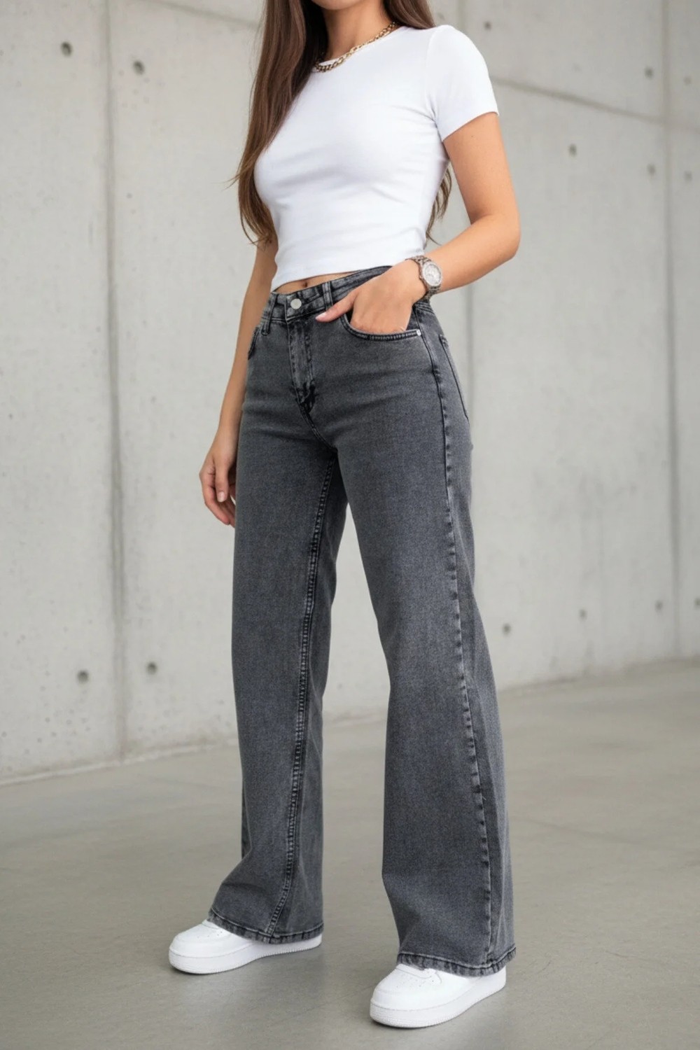Woddi Vera Kadın Yüksek Bel Kar Yıkama Salaş Jeans Wide Leg Geniş Paça Palazzo Kot Pantolon görsel 3