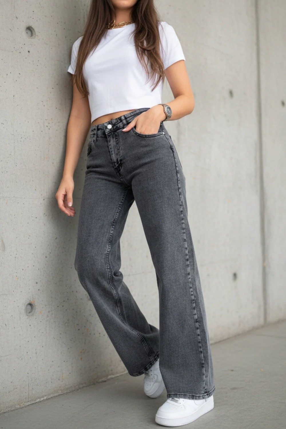 Woddi Vera Kadın Yüksek Bel Kar Yıkama Salaş Jeans Wide Leg Geniş Paça Palazzo Kot Pantolon görsel 5