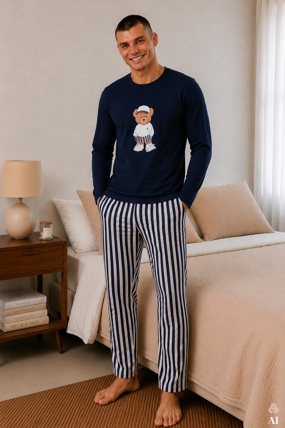 Koza İç Giyim Erkek Pamuklu Uzun Kollu Ayıcık Baskılı Alt Çizgili Pijama Takımı