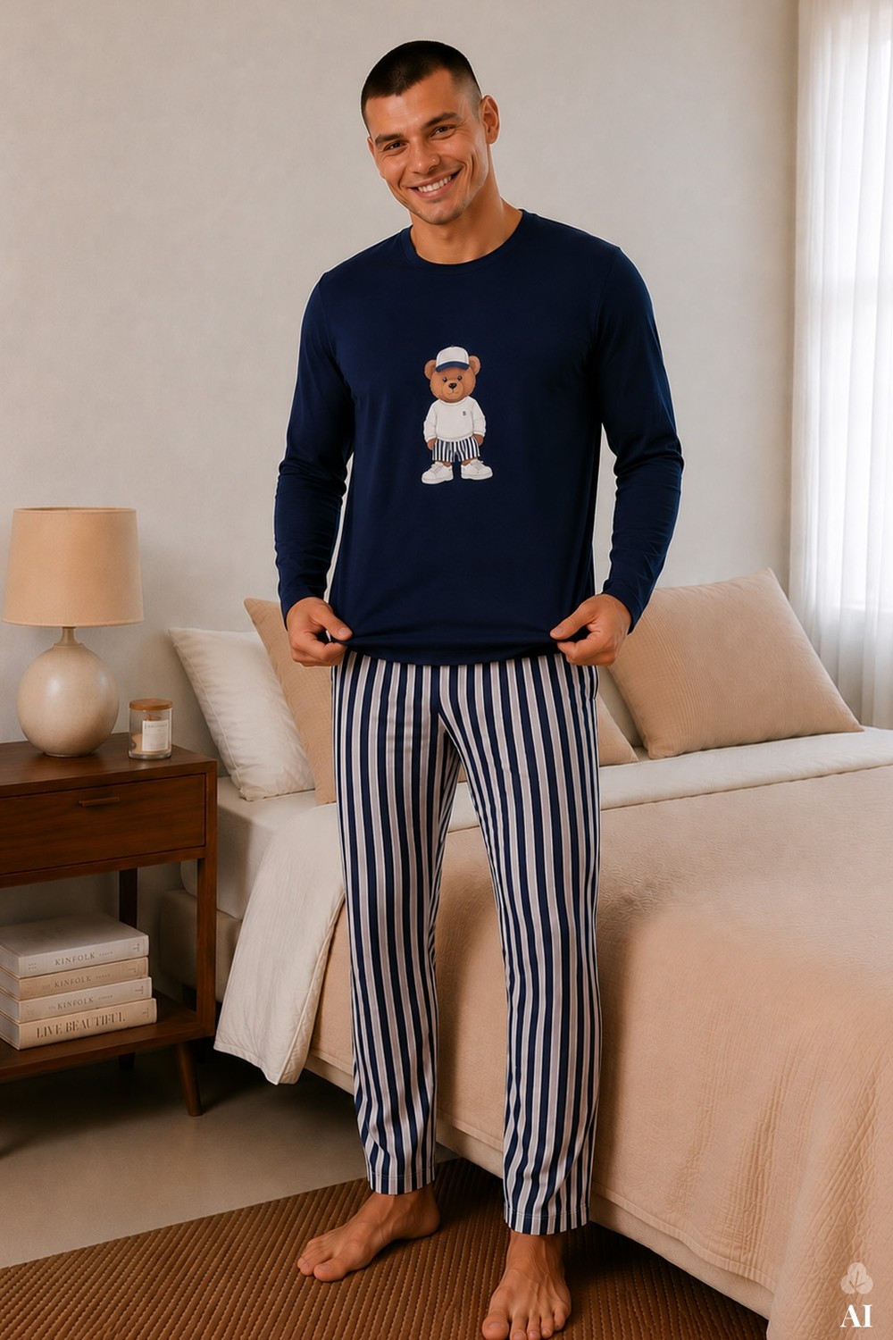 Koza İç Giyim Erkek Pamuklu Uzun Kollu Ayıcık Baskılı Alt Çizgili Pijama Takımı görsel 2