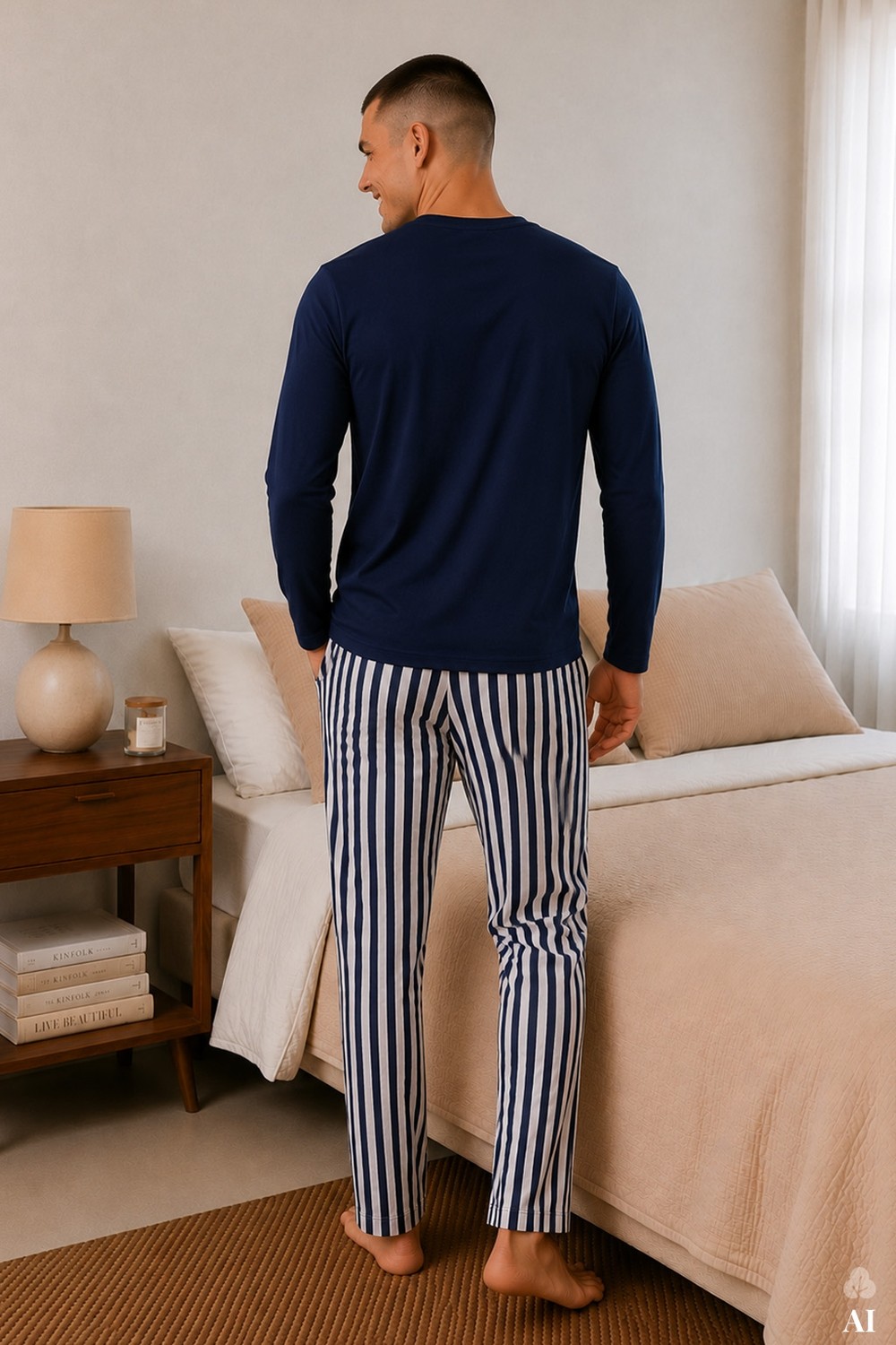 Koza İç Giyim Erkek Pamuklu Uzun Kollu Ayıcık Baskılı Alt Çizgili Pijama Takımı görsel 3