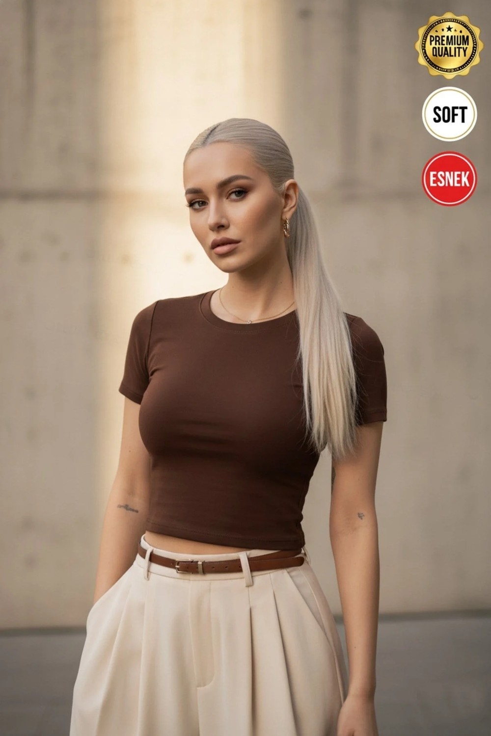 Teenage Millionaire Kadın Kahverengi Bisiklet Yaka Likralı Kısa Kol Body Crop Bluz