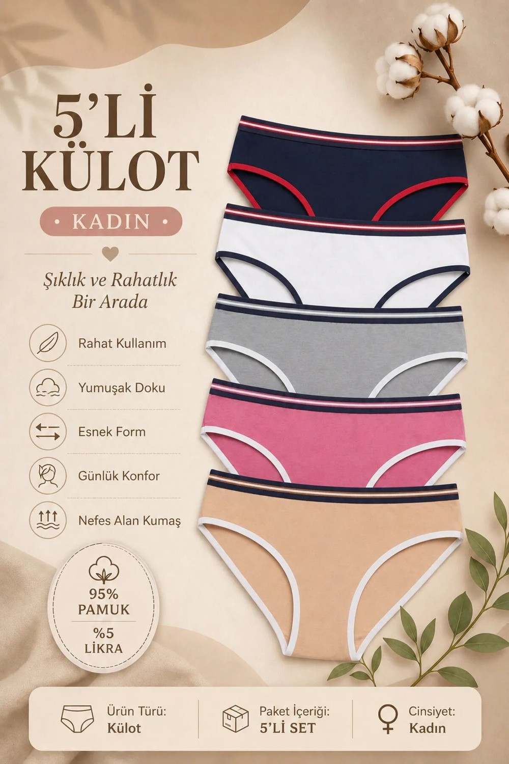 Nicoletta Kadın Külot 5 Li Paket Likralı Pamuklu Beli Geniş Lastikli görsel 3