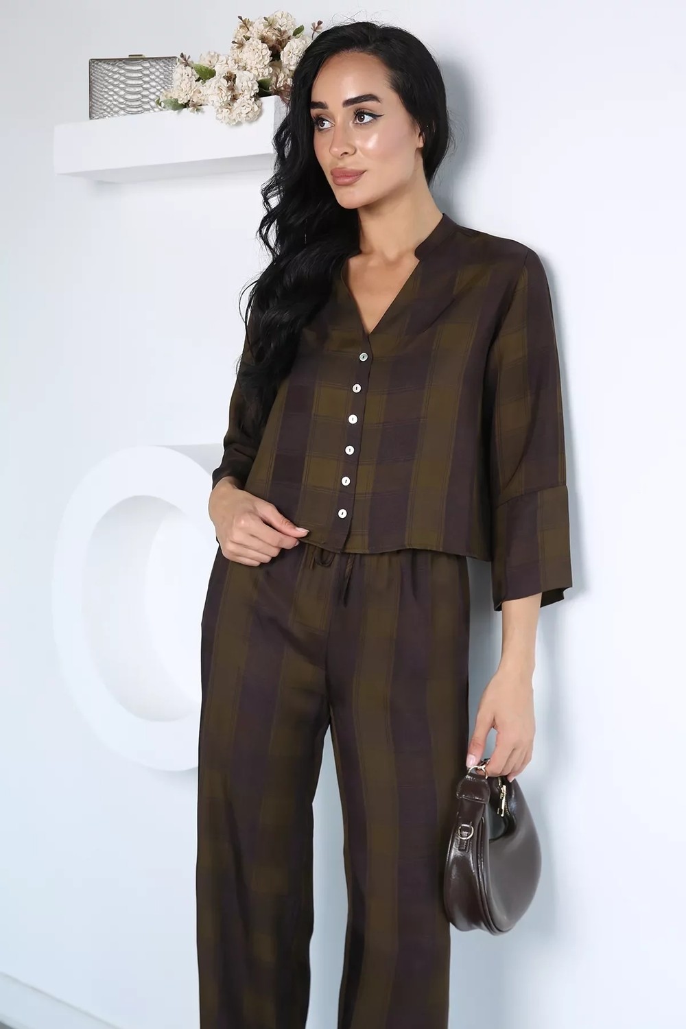 Gülseli Kadın Ekose Desenli Bluz Pantolon Ikili Takım P-00022950 görsel 2