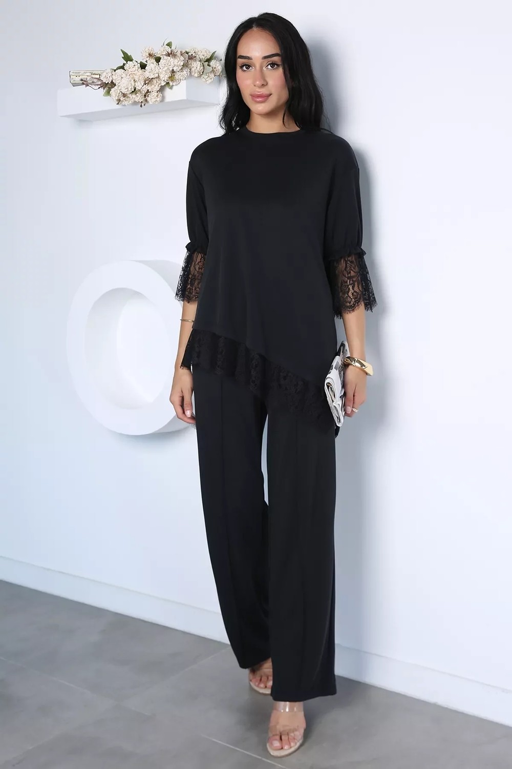 Gülseli Dantel Detaylı Bluz Pantolon Kubra Modal Ikili Takım P-00022940