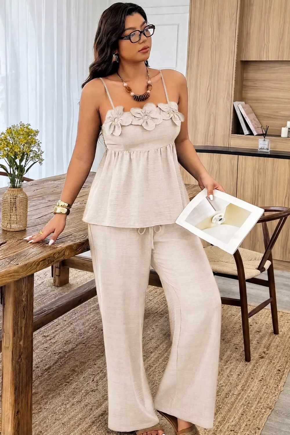 Gülseli Kadın Ayarlanabilir Askılı Gül Figürlü Bluz Bel Lastikli Pantolon Ikili Takım P-00022925 görsel 4
