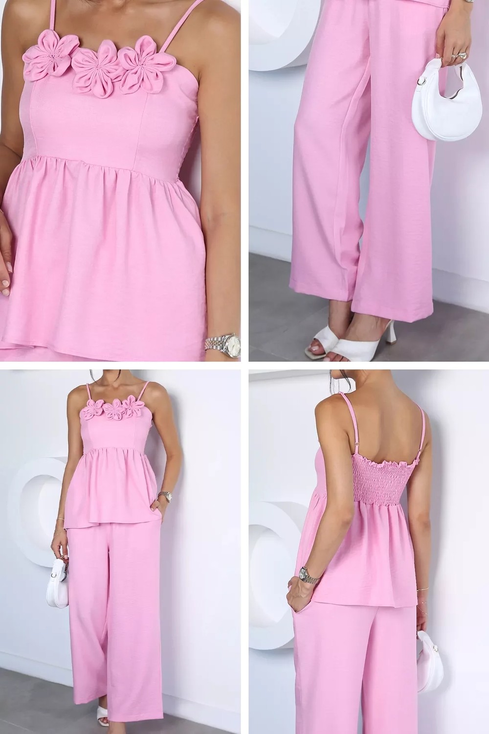 Gülseli Kadın Ayarlanabilir Askılı Gül Figürlü Bluz Bel Lastikli Pantolon Ikili Takım P-00022925 görsel 7