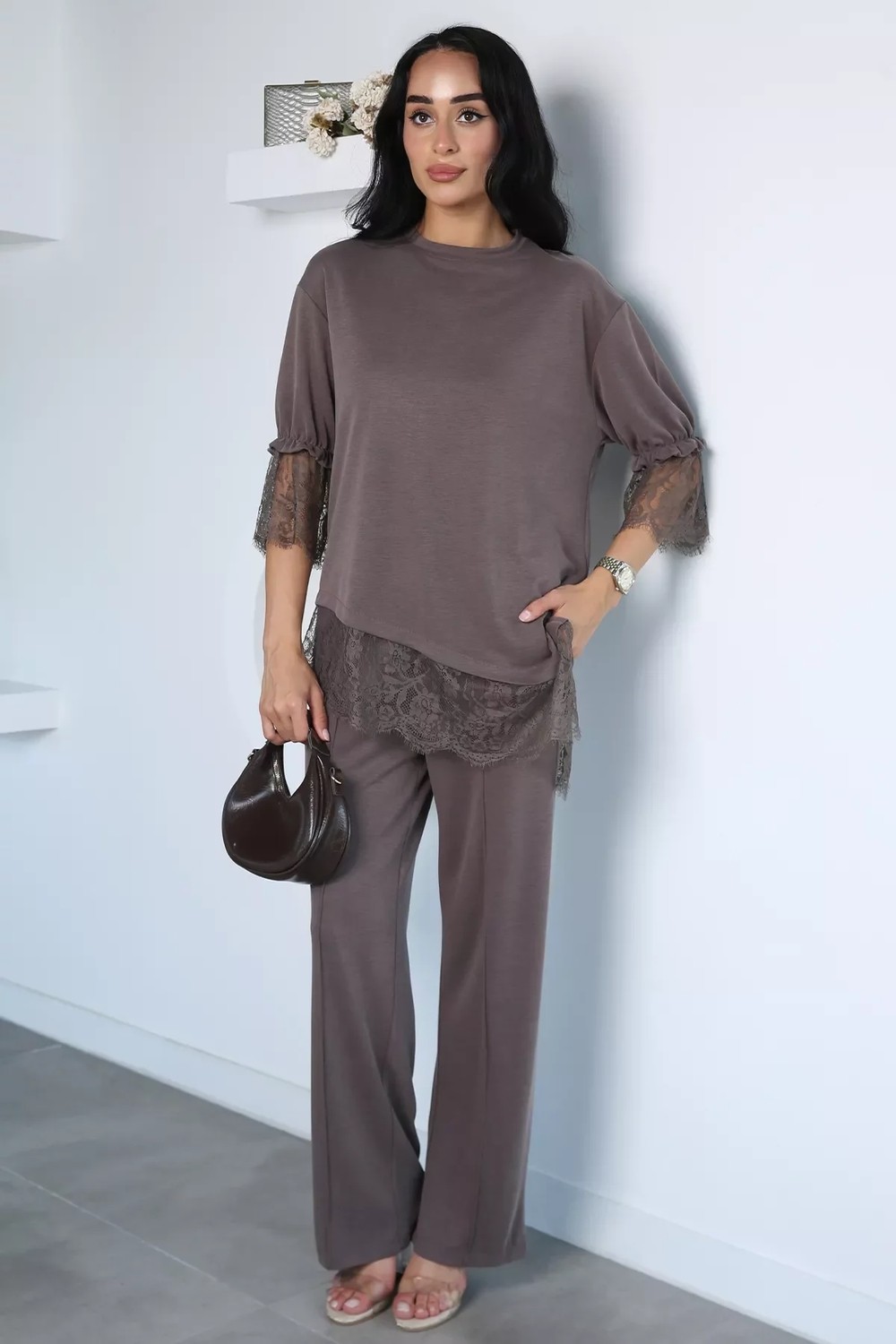 Gülseli Dantel Detaylı Bluz Pantolon Kubra Modal Ikili Takım P-00022940