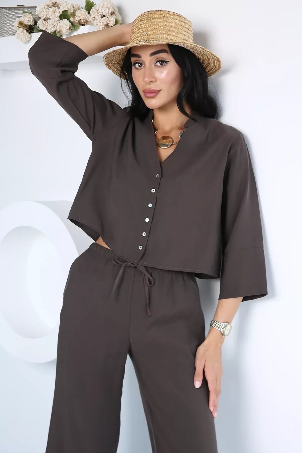 Gülseli Crop Gömlek Pantolon Ikili Takım P-00022934 görsel 7