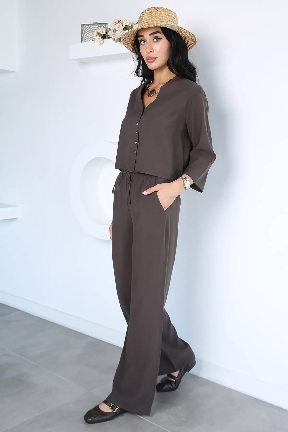 Gülseli Crop Gömlek Pantolon Ikili Takım P-00022934 görsel 8