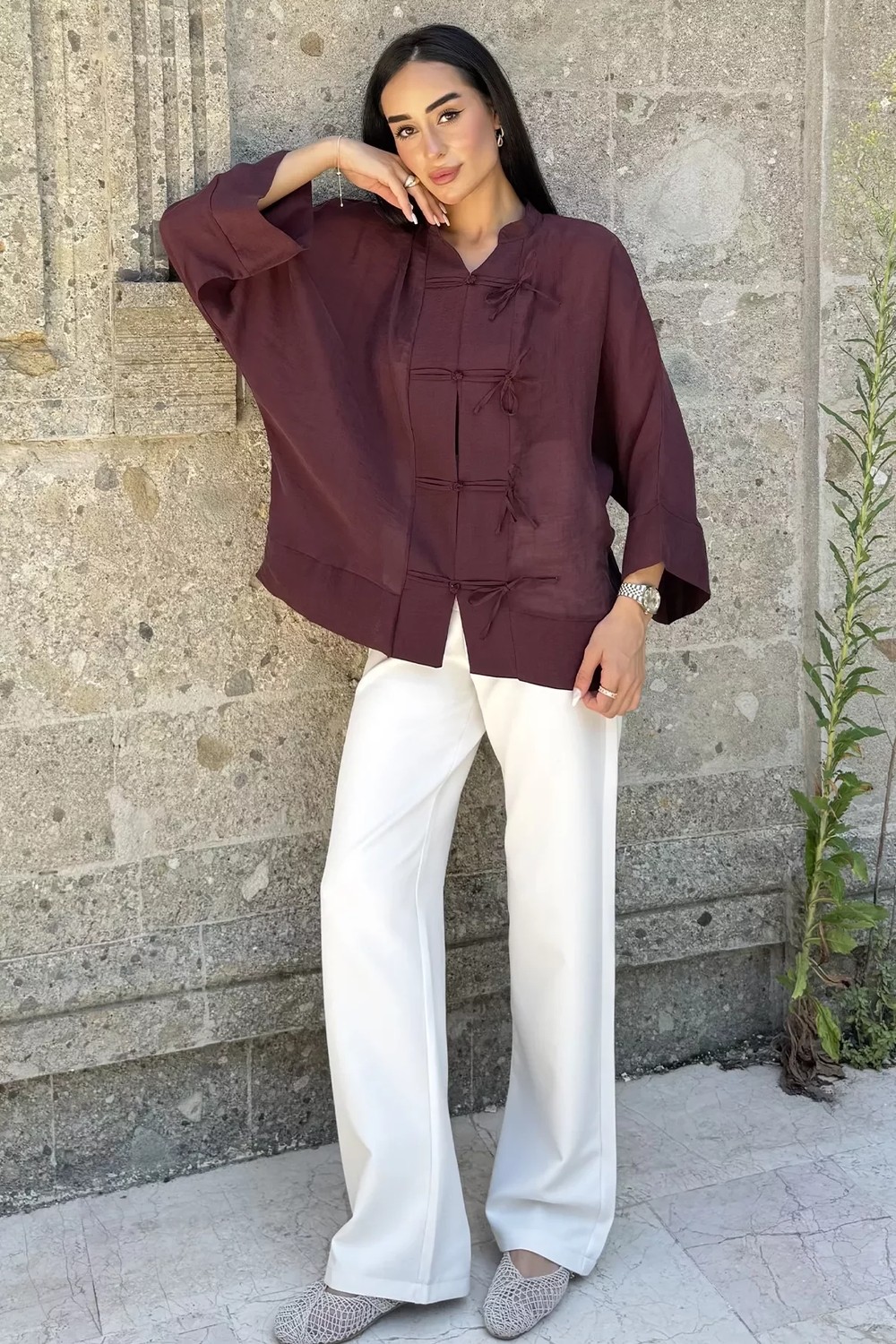 Gülseli Kadın Tarz Düğme Detaylı Salaş Gömlek P-00022909 görsel 6