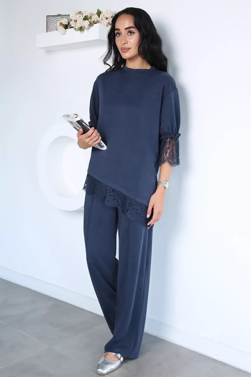 Gülseli Dantel Detaylı Bluz Pantolon Kubra Modal Ikili Takım P-00022940