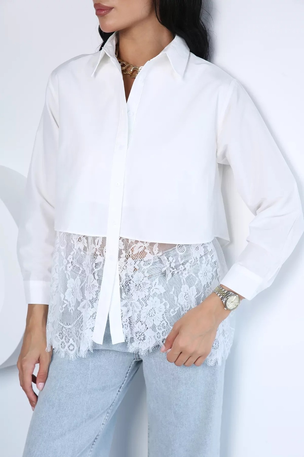 Gülseli Kadın Dantel Detaylı Gömlek P-00022958