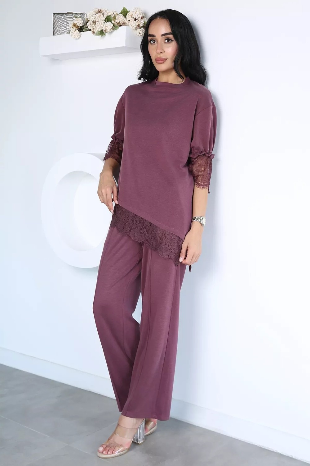 Gülseli Dantel Detaylı Bluz Pantolon Kubra Modal Ikili Takım P-00022940
