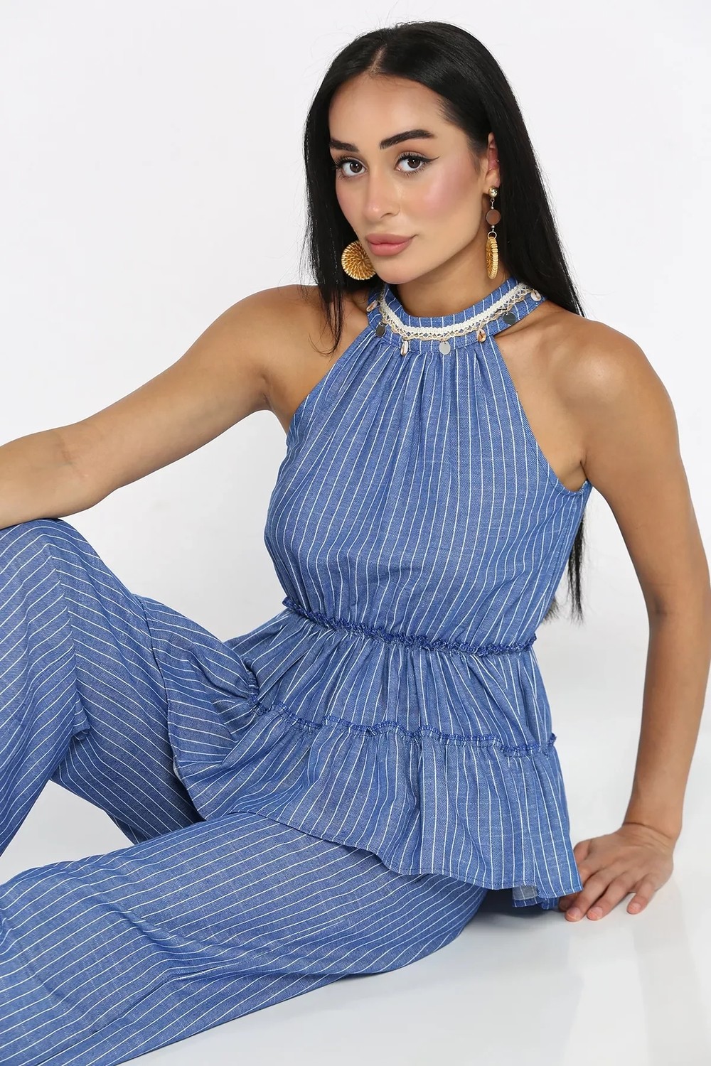 Gülseli Çizgili Bel Lastikli Bluz Pantolon Ikili Takım P-00022805