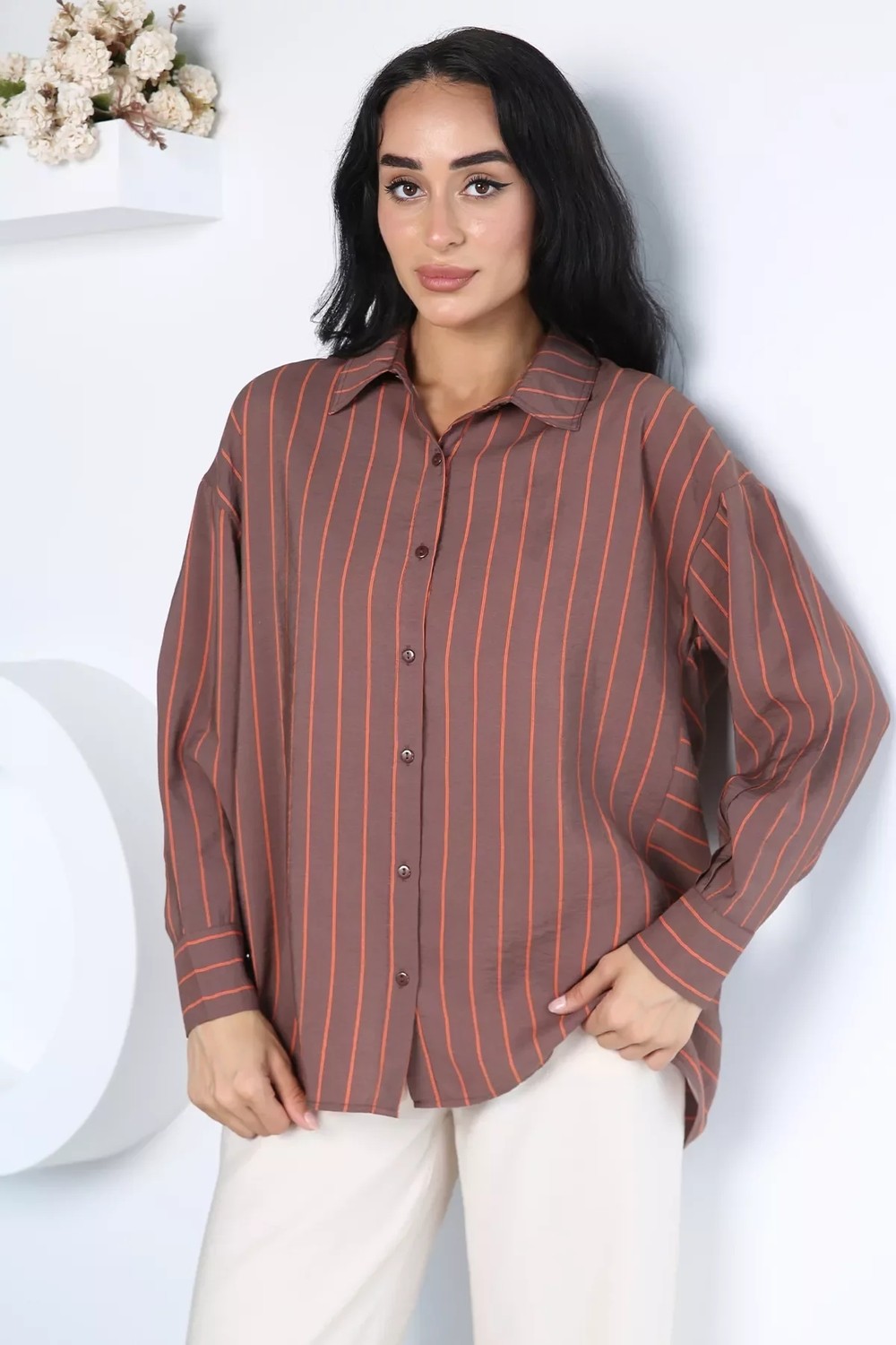 Gülseli Kadın Çizgili Salaş Gömlek P-00022978 görsel 2