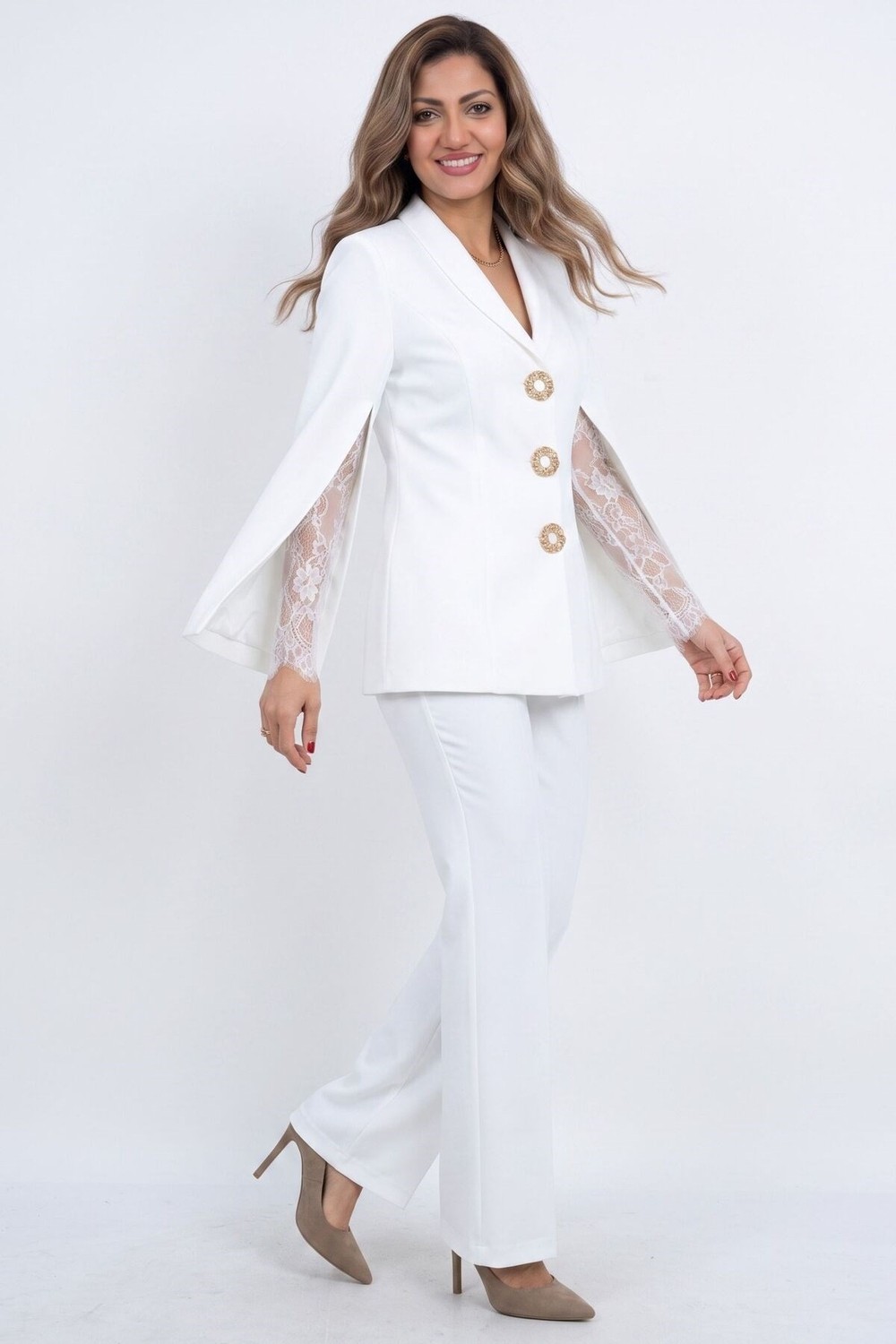 Zishan Fashion Kadın Krep Ceket Pantolon Ikili Takım, Pelerin Kol Dantel Detaylı Şık Büyük Beden Abiye Takım 36011 görsel 5